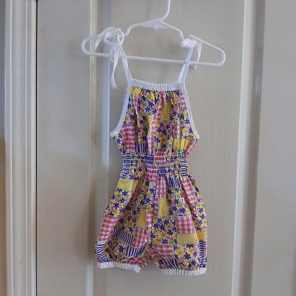 Vintage Bright Floral Gingham Patchwork Baby Romper 4T Retro Cottagecore